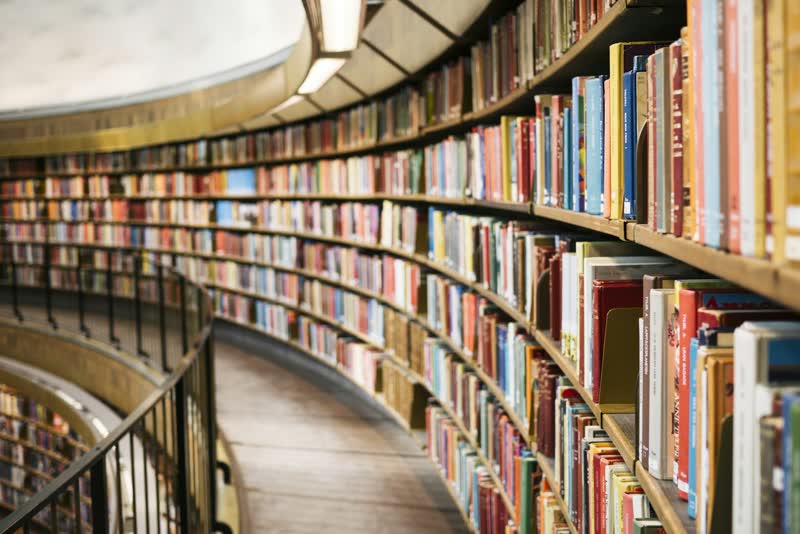 Curved library shelves filled with books and an empty walkway.